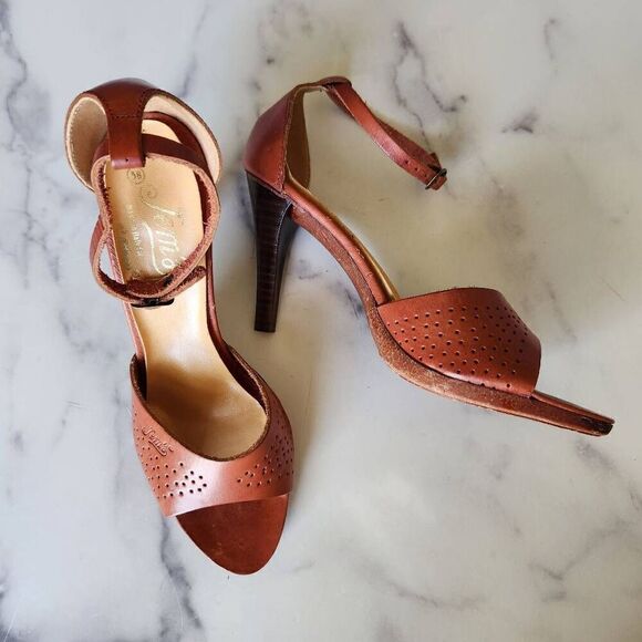 Jems Italian leather women's high heels size 9 Brown pecan cognac open peep toe - Picture 1 of 11